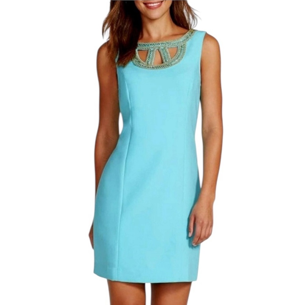 Lilly Pulitzer Lane Aqua Blue Gold Beaded Cutout Shift Dress in Shorely Blue - 4